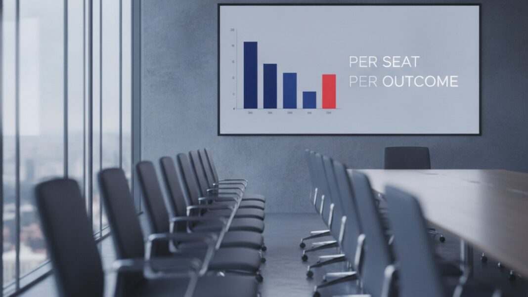 The Seat Is Dead: How Agentic AI Is Forcing a Once-in-a-Generation Repricing of Enterprise Software Empty boardroom with a screen showing enterprise software pricing shifting from per-seat to per-outcome models, symbolizing the repricing driven by agentic AI