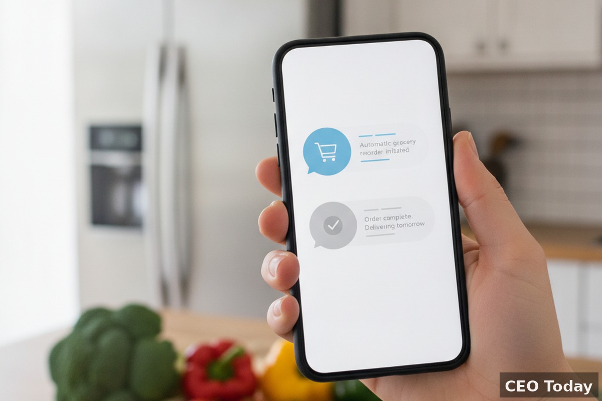 A smartphone screen shows an AI chatbot completing an automatic grocery reorder, illustrating agentic commerce replacing traditional online shopping.