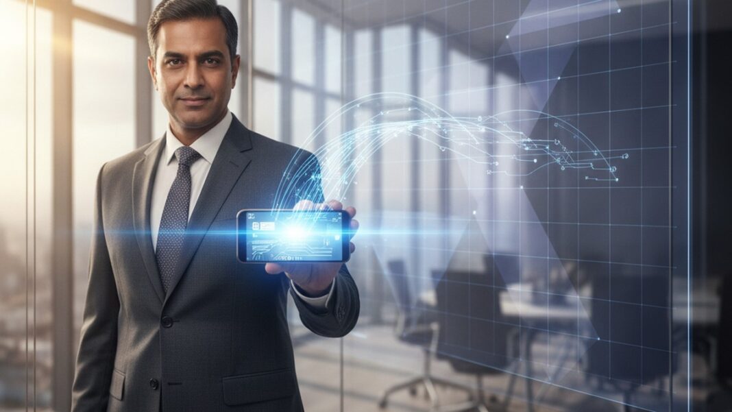 Agentic Commerce Isn’t a Shopping Revolution. It’s a Standards War, and India Has an Unlikely Edge. Executive holding a smartphone with a digital payment interface, symbolizing the infrastructure race behind AI agentic commerce