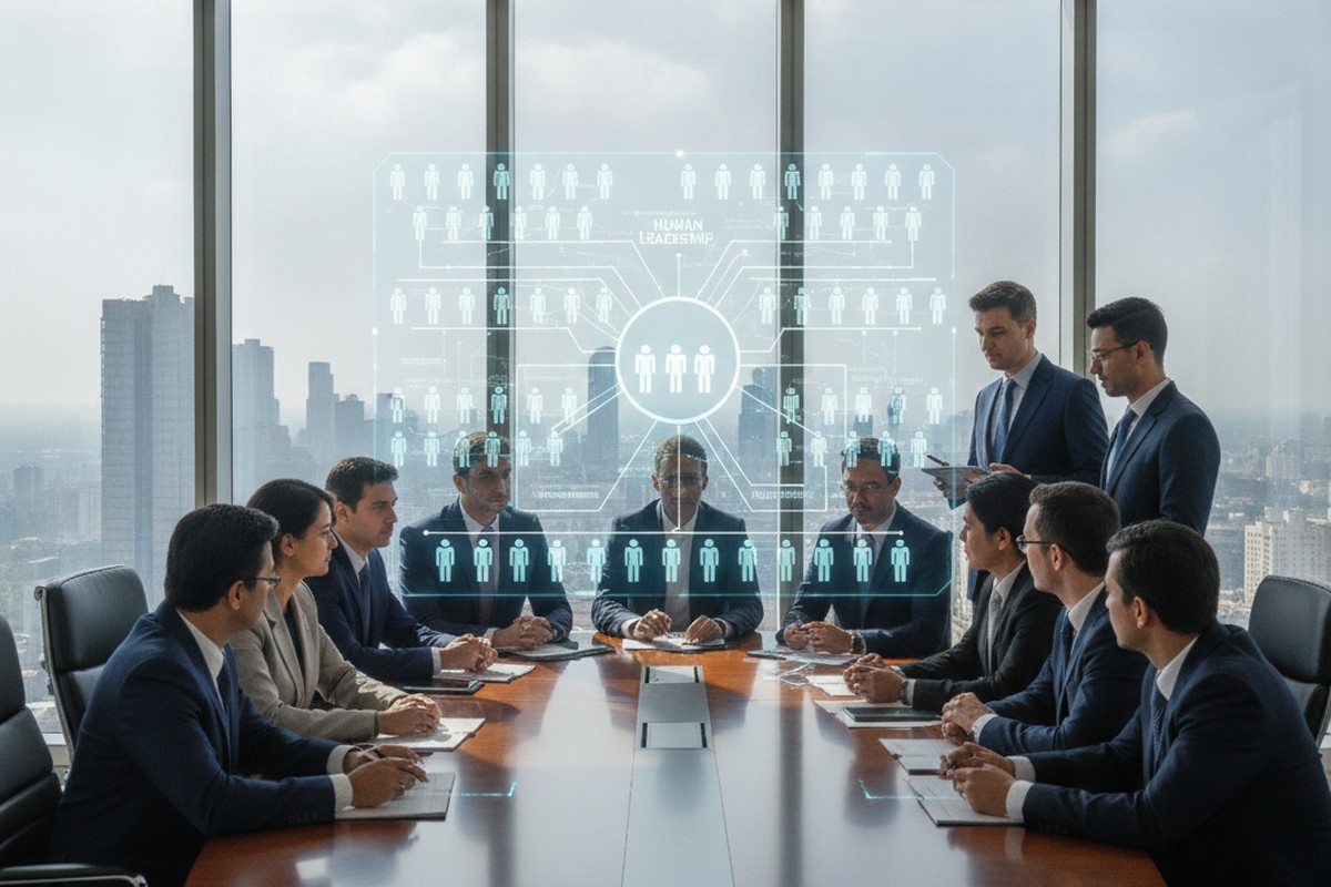 Executives in a boardroom review a holographic dashboard showing a corporate org chart where AI agent icons vastly outnumber human employee icons