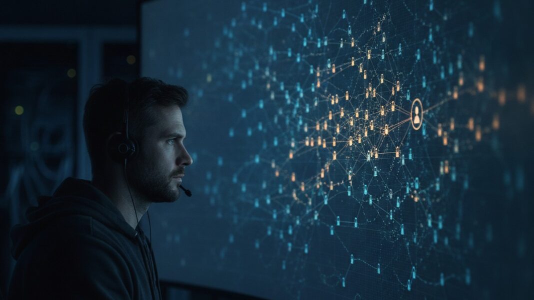 Shadow AI Was the Warning. The Real Risk Is a Workforce of Agents No One Supervises A security analyst monitors a glowing network graph of thousands of AI agent identities in a darkened enterprise operations center, most nodes untraceable to any human owner