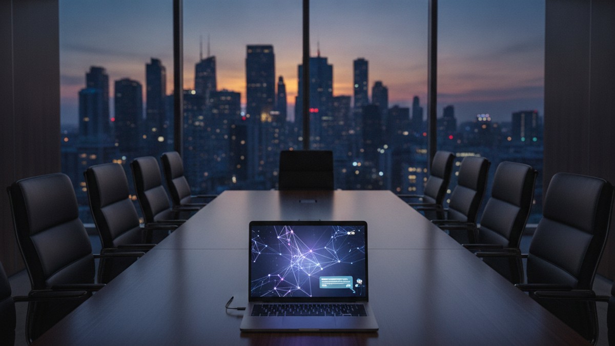 An empty corporate boardroom at dusk with a laptop open to an AI chat interface on the table, symbolising ungoverned AI use in the boardroom