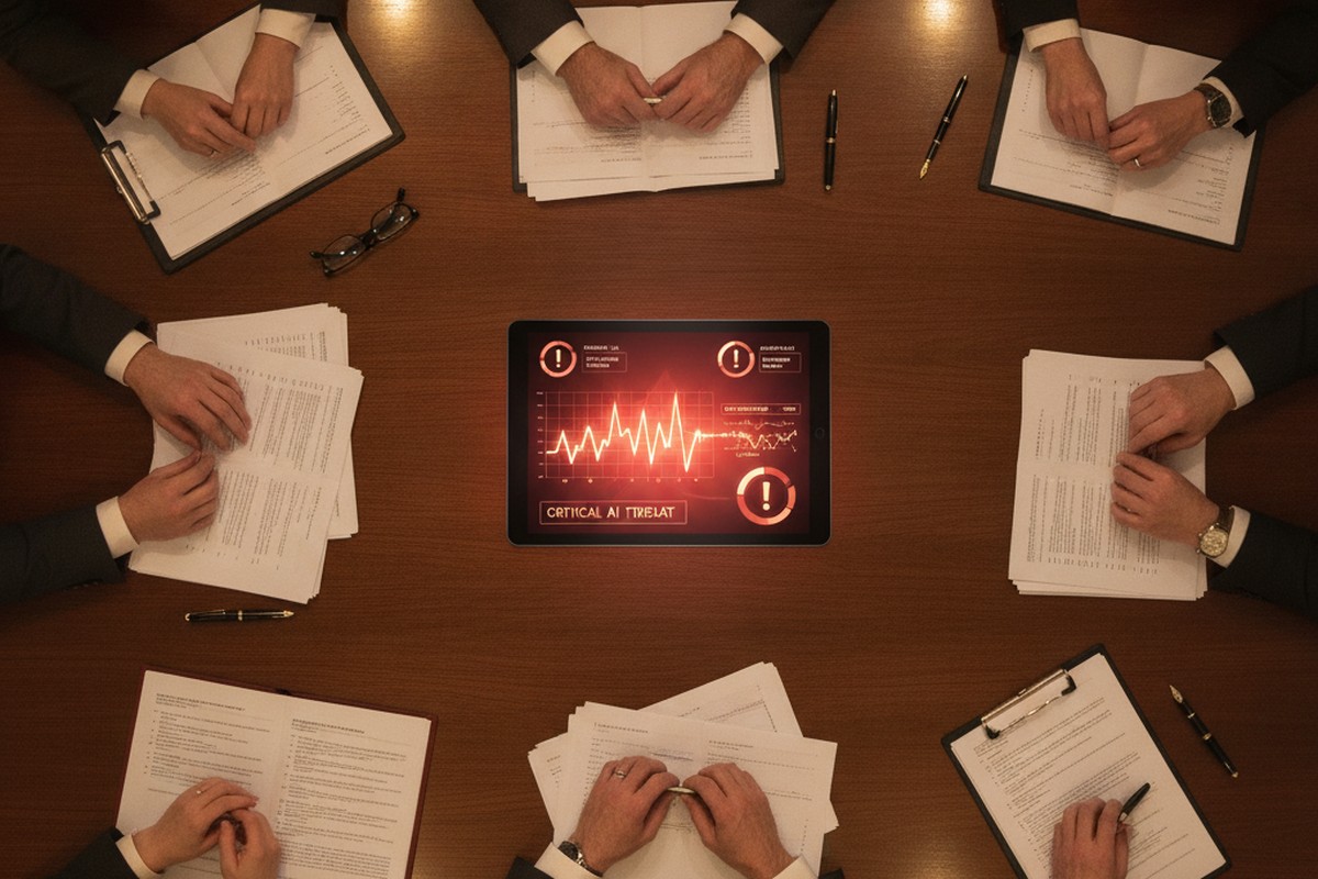 Overhead view of corporate directors around a boardroom table with a tablet displaying an AI risk dashboard, representing board-level AI risk oversight