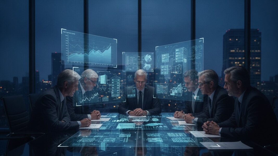 The AI Spending Illusion: Why Capex Is No Longer Proof of Advantage Executives review AI infrastructure spending and data center plans in a corporate boardroom