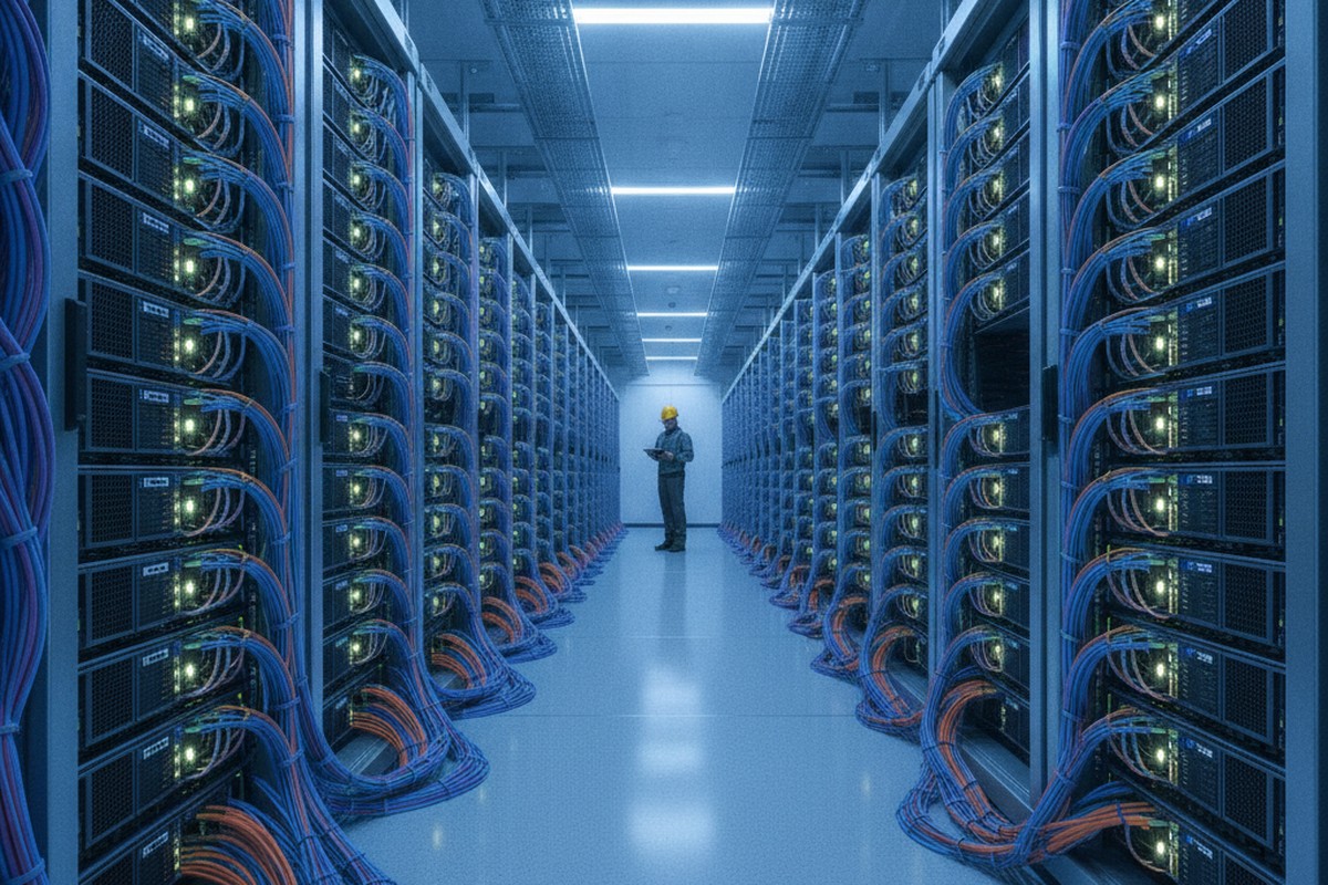 Rows of AI server racks with GPU accelerators inside a hyperscale data center