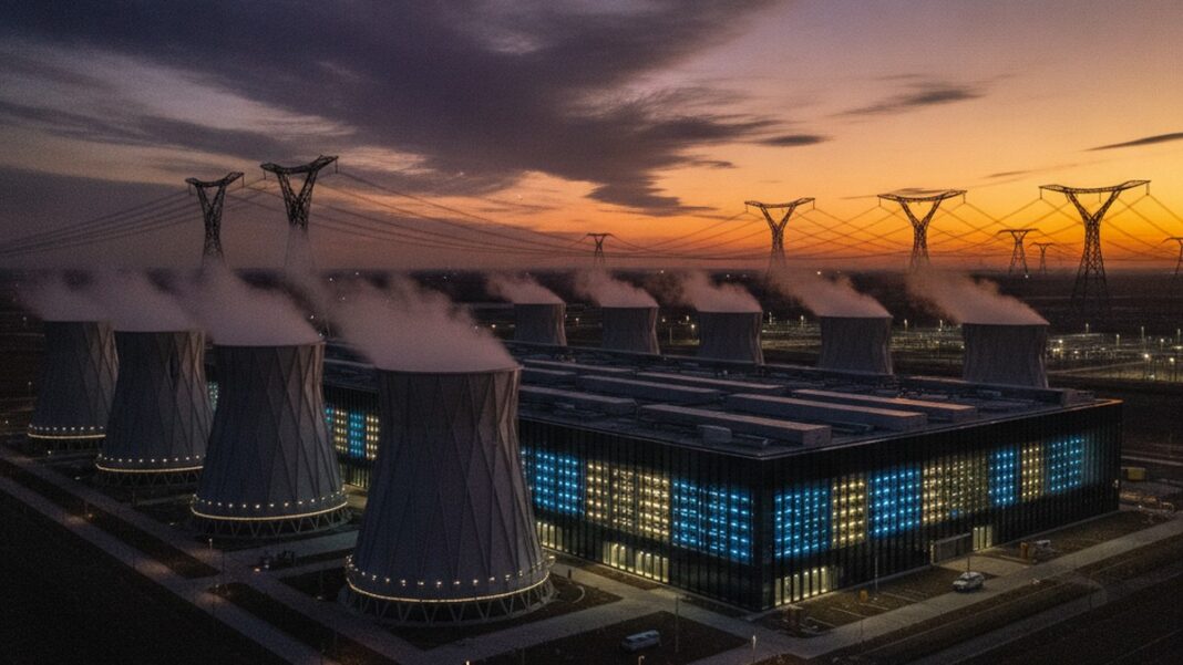 The Next AI Moat Isn’t Silicon. It’s the Power Grid. Aerial view of a hyperscale AI data center campus at dusk with high-voltage transmission towers in the foreground