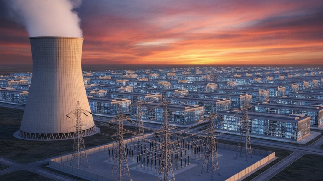 The AI Race Has Quietly Moved Past Chips. The New Battlefield Is the Power Grid. AI data center campus with nuclear cooling towers and high-voltage transmission lines at dusk