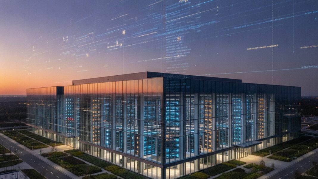 The AI Buildout Isn’t Being Financed by Big Tech’s Balance Sheet. It’s Being Financed by Your Pension Fund’s. Hyperscale AI data center at dusk symbolizing the opaque private credit and off-balance-sheet financing behind the AI infrastructure boom