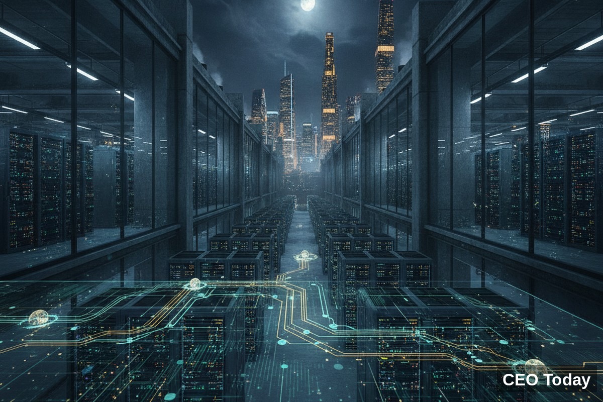 Illuminated AI data centre server racks at night with an overlay suggesting sovereign capital flowing into computing infrastructure