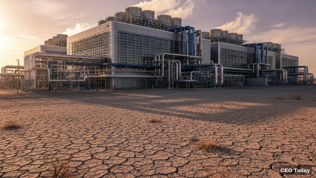 The AI Boom Fixed Its Power Problem. It Never Fixed Its Water Problem — and the Bill Is Arriving First in the Places Building Fastest A hyperscale AI data center with cooling towers standing on cracked, drought-stricken earth, symbolizing the water scarcity risk behind the AI infrastructure boom.
