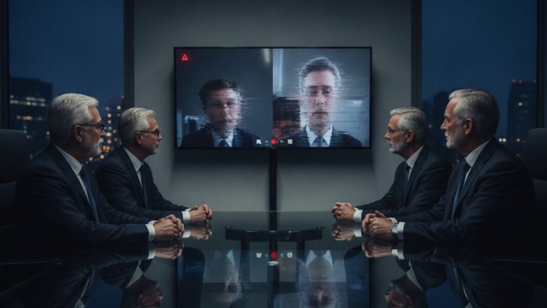 Cyber Insurance Isn’t Protecting Companies From AI Attacks. It’s Quietly Deciding Which Ones Get Denied. Senior executives in a boardroom watch a video call showing distorted, deepfake-style faces of colleagues on a wall screen