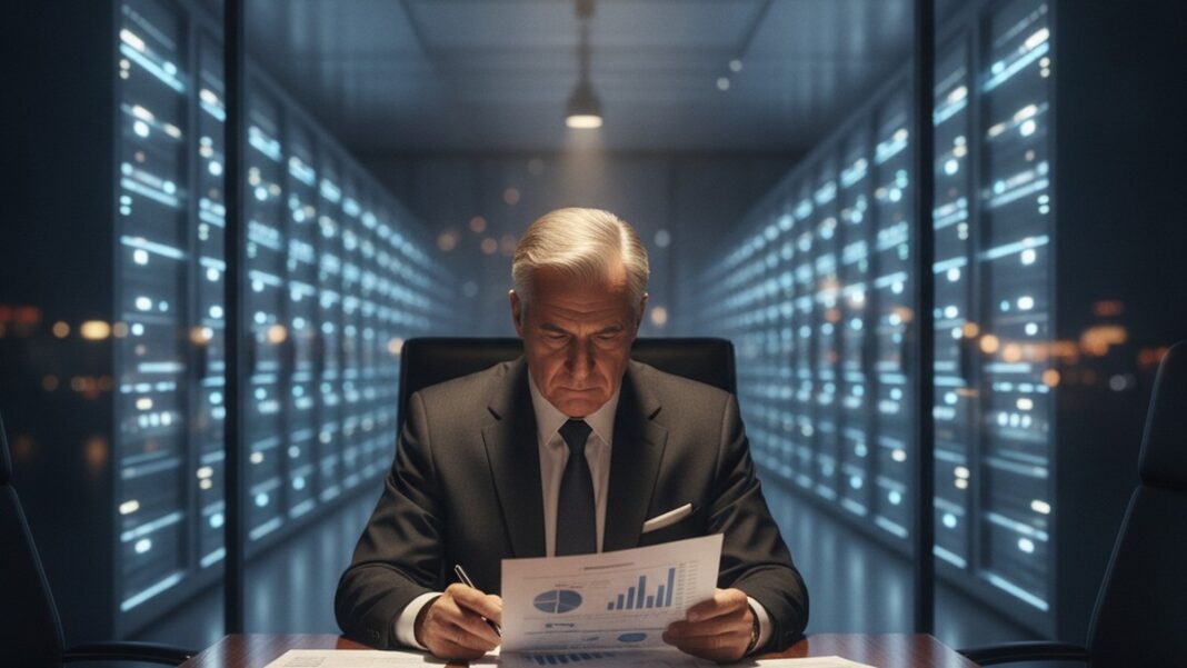 The $725 Billion Question Big Tech Doesn’t Want Boards Asking: How Long Does a GPU Actually Live? A senior executive reviews a financial report in a boardroom overlooking a glowing AI data center at dusk