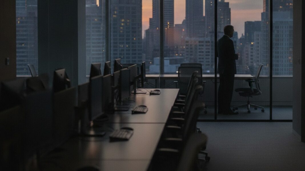 AI Isn’t Just Eliminating Entry-Level Jobs. It’s Quietly Bankrupting the Leadership Pipeline Behind Them Empty entry-level office workstations symbolising the collapse of junior hiring as AI absorbs training-ground work
