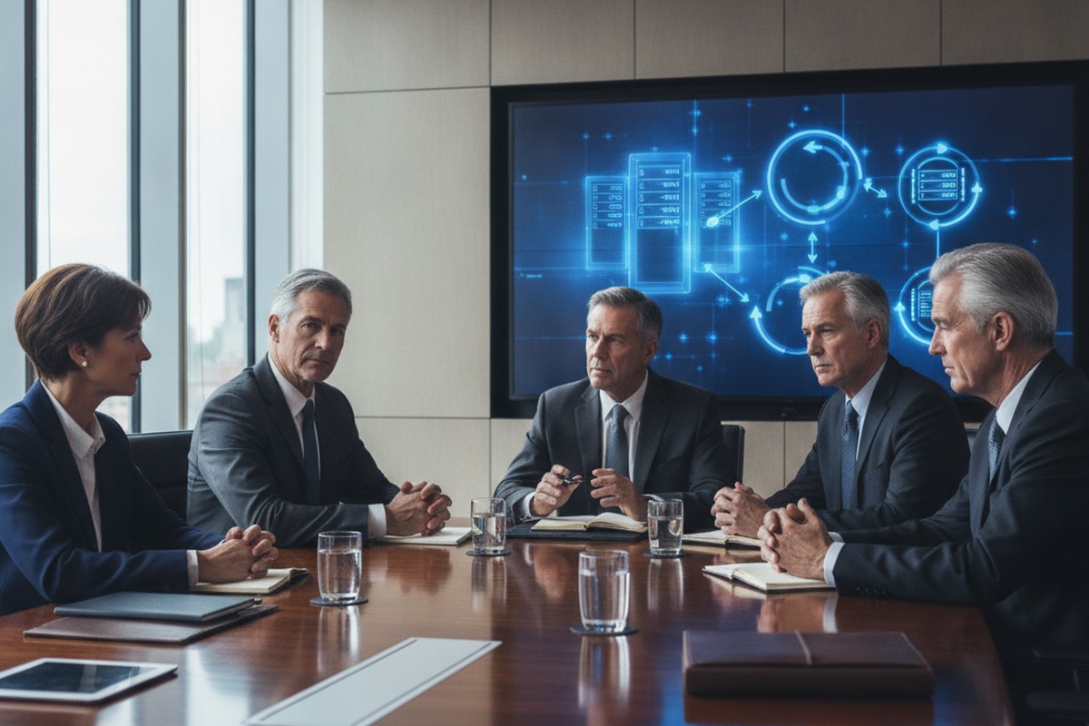 Executives review AI infrastructure financing risk in a corporate boardroom