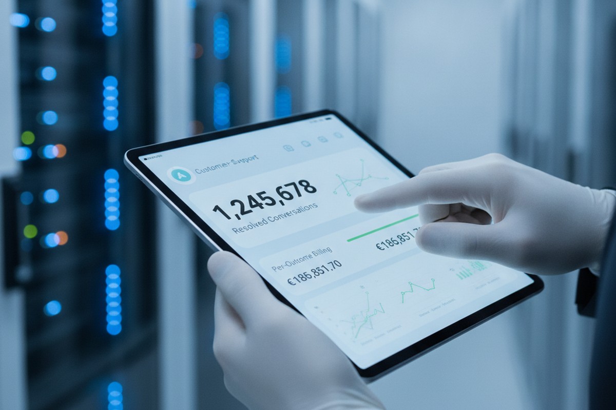 A dashboard tracking resolved AI customer service conversations and per-outcome billing, illustrating outcome-based enterprise software pricing.