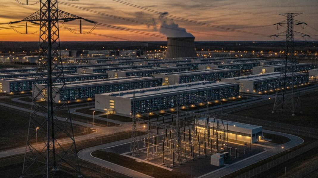 Chips Were Never the Constraint. Electrons Are, and That Changes Who Wins the AI Race. Hyperscale data center campus at dusk with high-voltage transmission towers, illustrating the electricity grid constraint now limiting AI infrastructure buildout