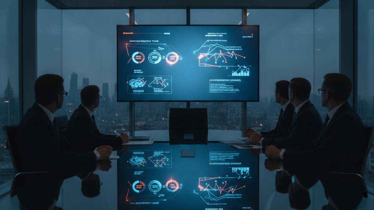 Executives in a glass corporate boardroom reviewing AI software pricing tiers on a large screen
