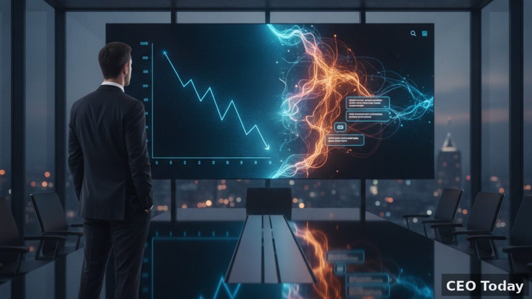 AI Search Isn’t a Marketing Problem. It’s a New Toll Between You and Every Customer You Haven’t Met. A CEO looks at a boardroom display showing declining website traffic being replaced by an AI answer interface, illustrating the shift from search clicks to AI-generated answers.