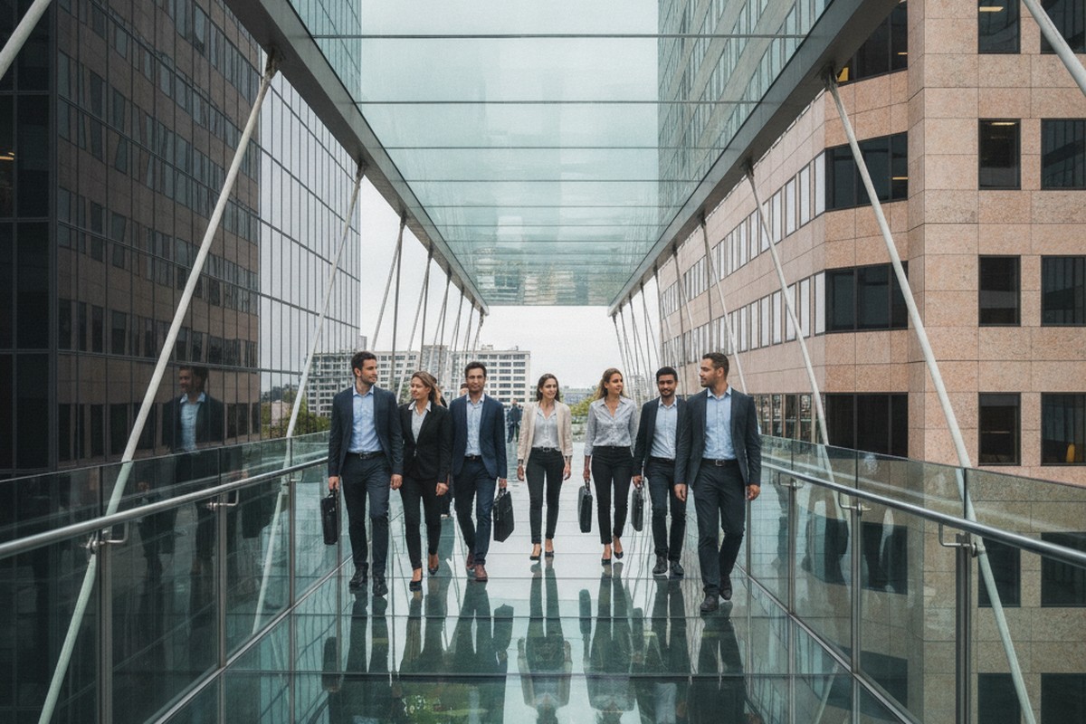 Professionals walking across a skybridge between two corporate towers, symbolizing talent moving between companies without a formal acquisition