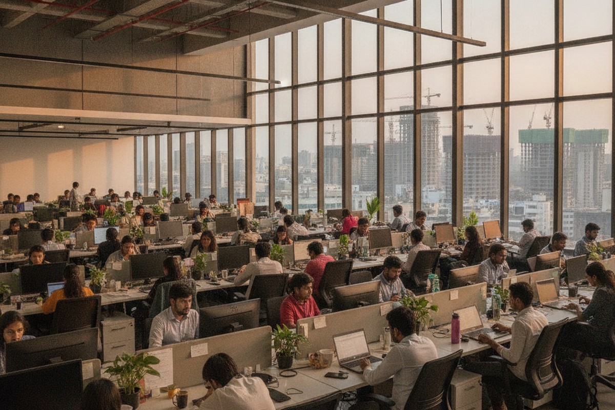 A densely packed IT services office floor in Bangalore, India, reflecting high demand for office space driven by return-to-office mandates