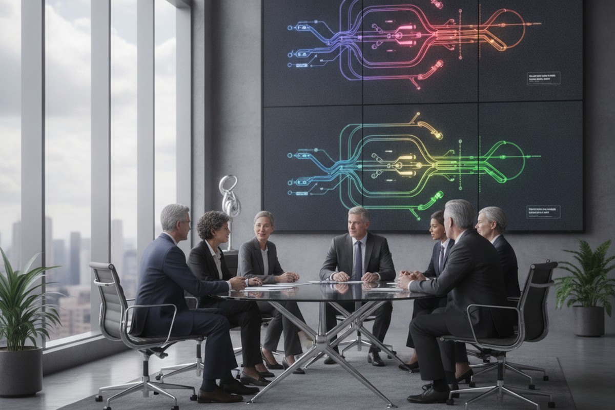 Executives in a boardroom reviewing competing digital commerce standards on a screen
