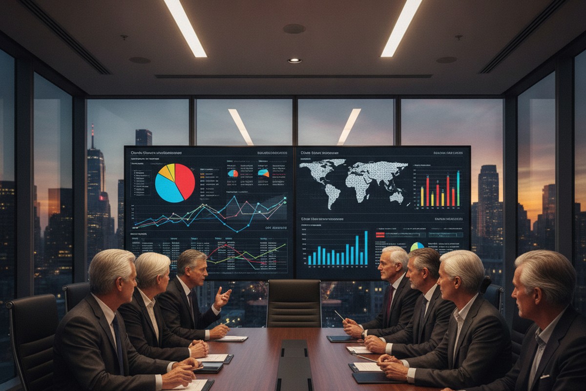 Corporate executives reviewing AI infrastructure debt and financing charts in a boardroom