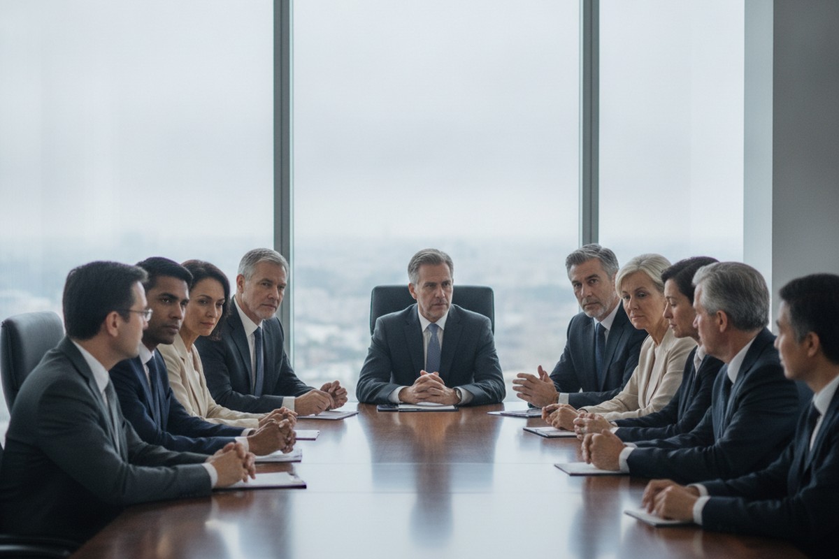 Senior executives in a boardroom discussing capital allocation and the decision of when to go public.