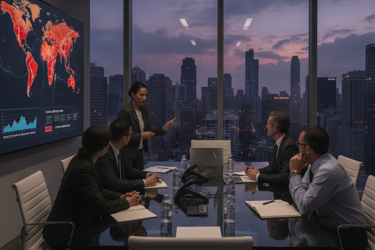 Executives in a boardroom reviewing a world map highlighting global water-stress zones