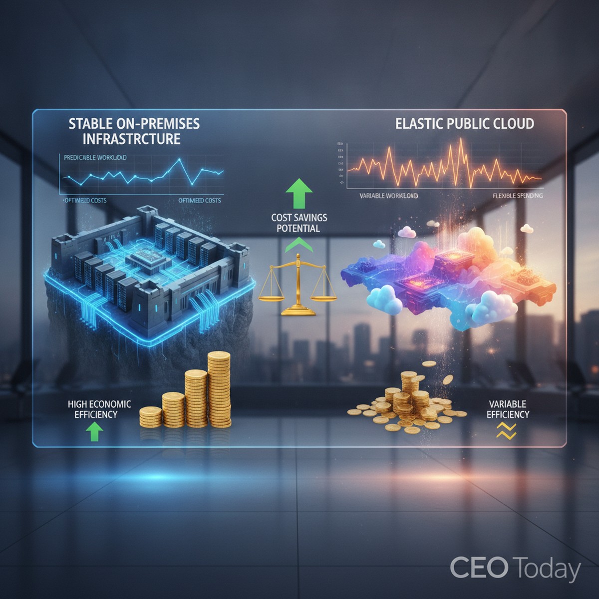 Enterprise workload split between on-premises stable infrastructure and cloud elastic workloads