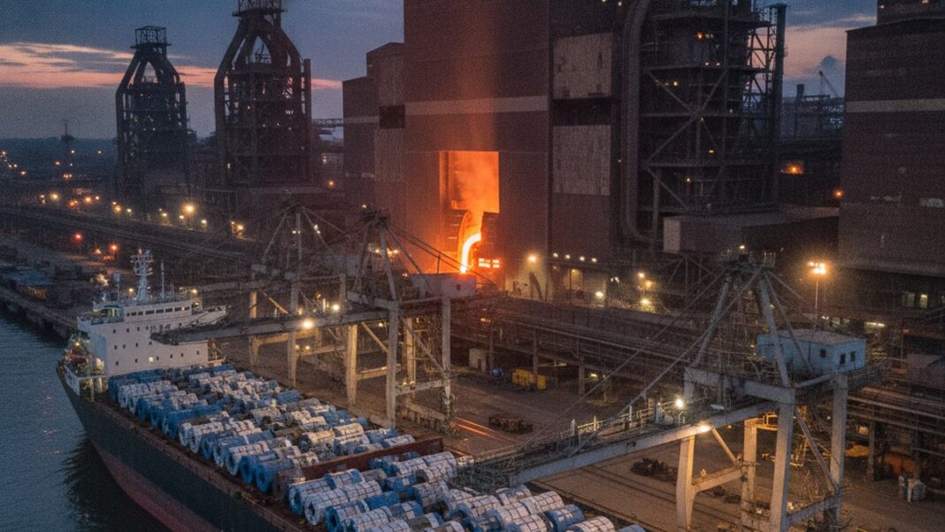 The Carbon Border Was Never a Tariff. It’s a Sorting Machine, and Most CEOs Are Reading It Wrong. A cargo ship loaded with steel coils docked beside a steel plant furnace at dusk, symbolising Indian steel exports to the EU under the Carbon Border Adjustment Mechanism