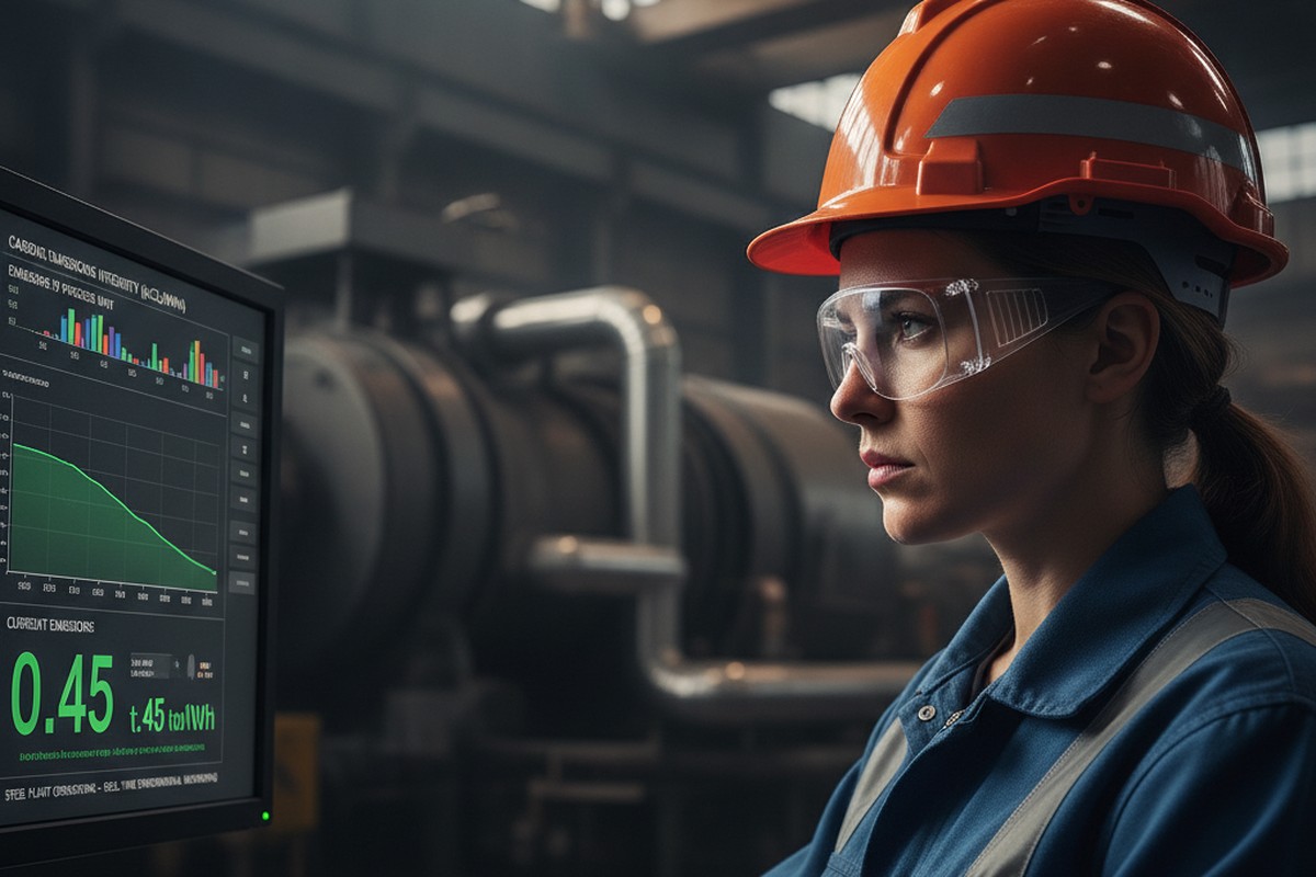 An engineer monitors real-time carbon emissions intensity data on a control room screen inside a steel plant