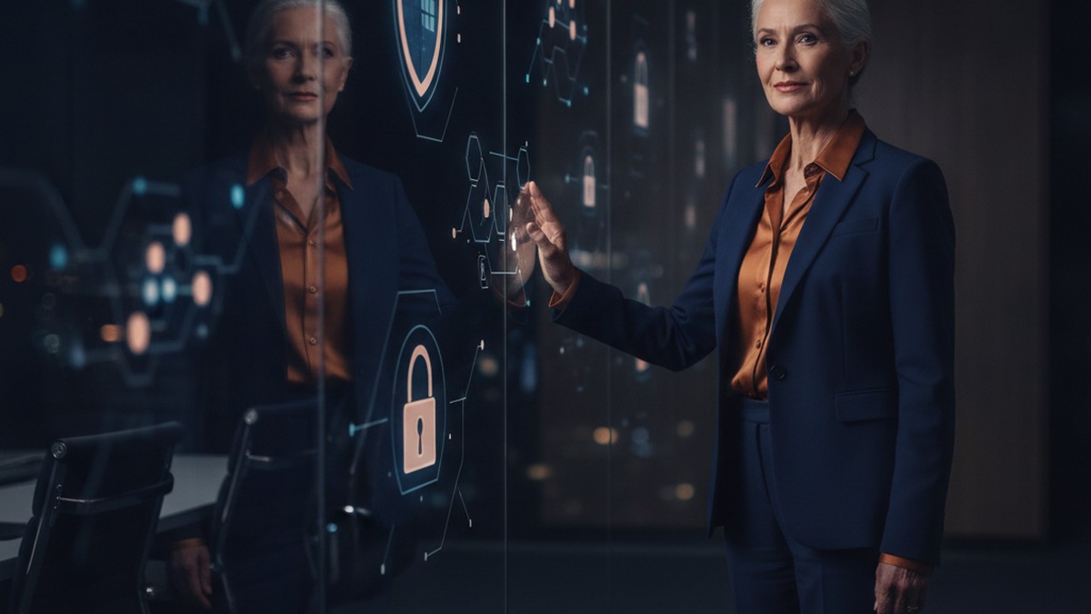 A senior executive stands beside a glass boardroom wall overlaid with glowing digital security icons, symbolising cyber insurance as corporate technology governance.