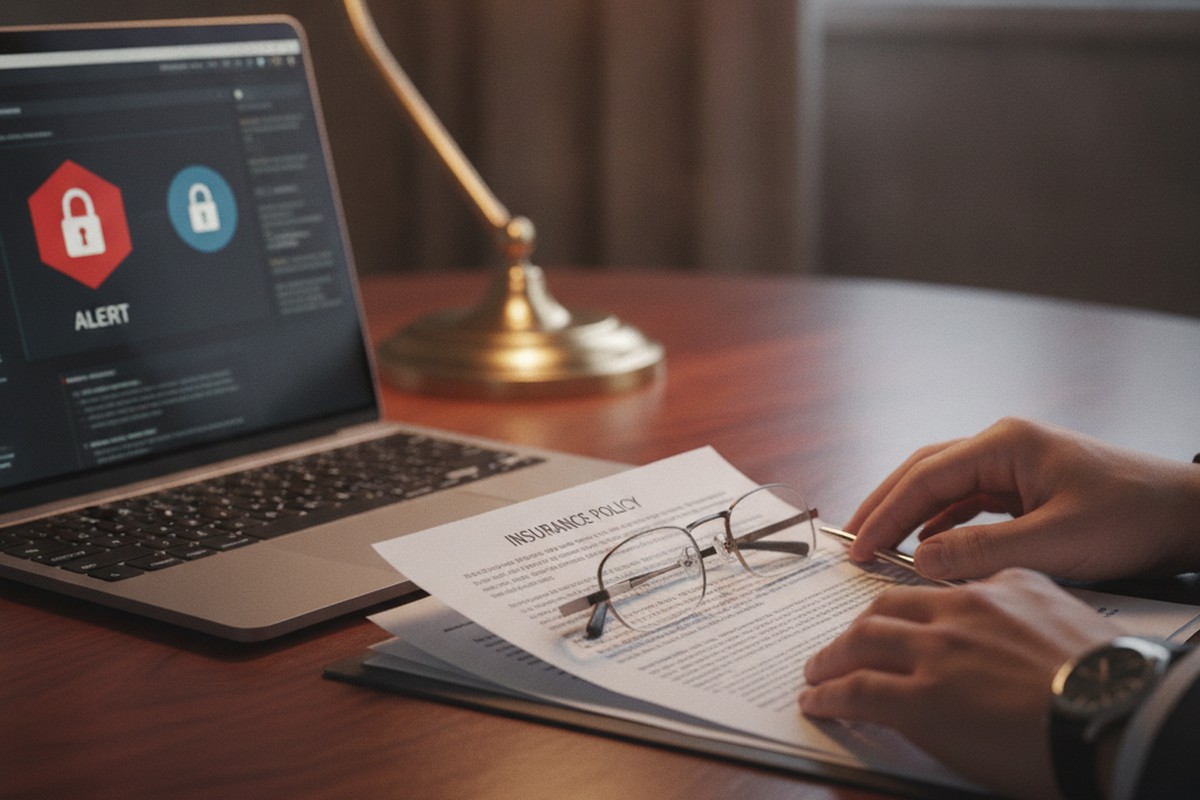A printed cyber insurance policy document beside a laptop showing a red cybersecurity alert icon on an executive's desk
