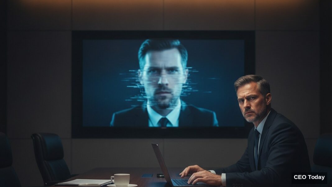 The $25 Million Video Call: How Deepfakes Are Dismantling the Last Analog Layer of Corporate Trust Digitally distorted deepfake face of a CFO on a boardroom video screen, with a wary finance executive in the foreground