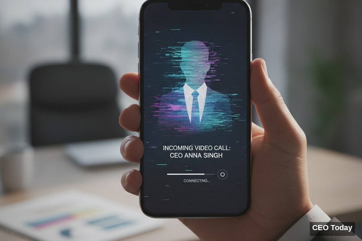 A businessperson receiving a glitching, synthetic-looking incoming video call from an executive on a smartphone