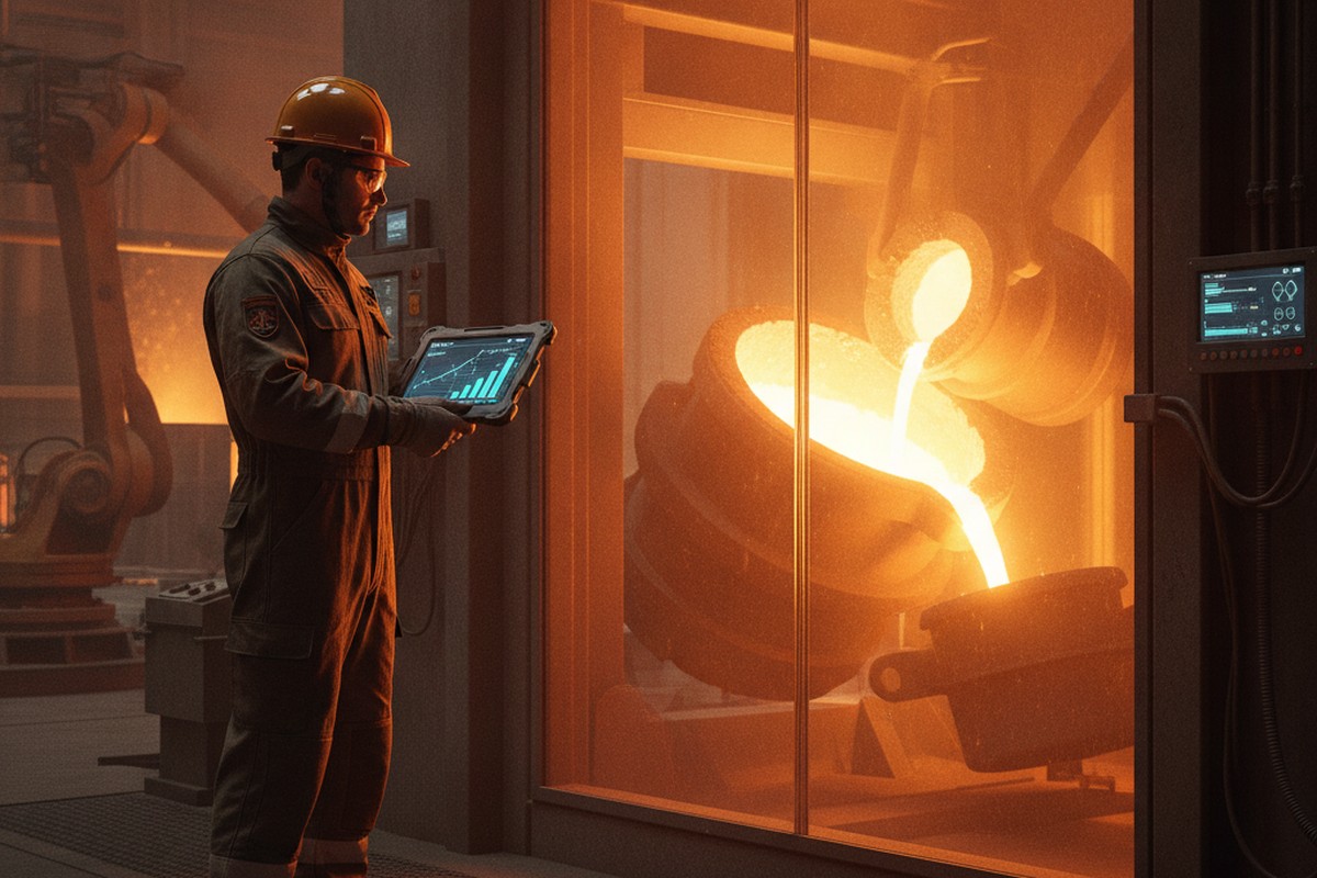 Engineer reviewing carbon emissions data on a tablet inside an electric arc furnace steel plant
