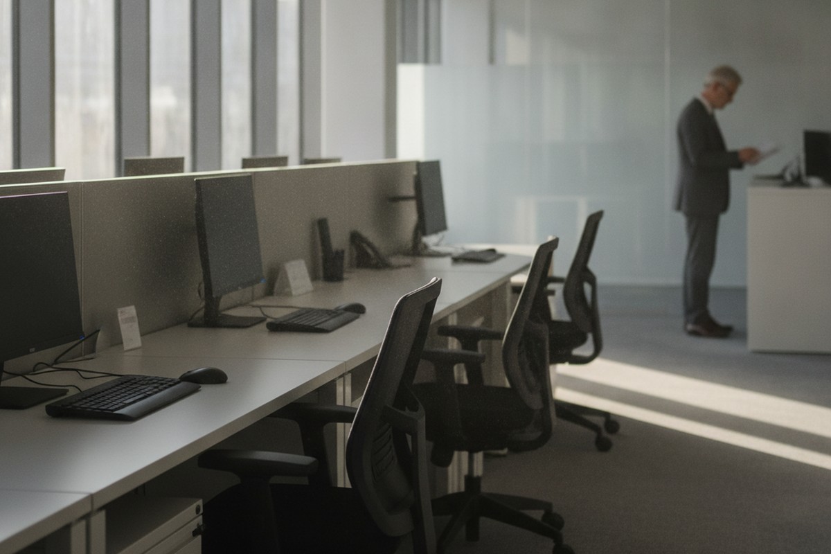 Empty entry-level workstations in a modern office with a single senior employee reviewing work at a distance