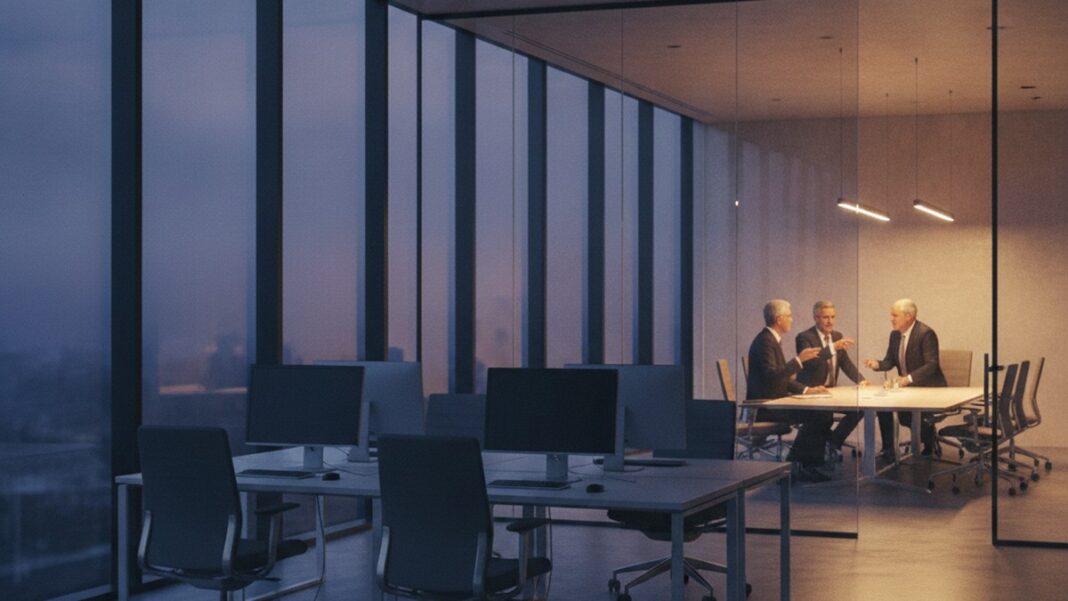 The Entry-Level Freeze Isn’t a Cost Cut. It’s a Bet Against Your Own Bench. An office at dusk with a cluster of empty desks near senior executives conferring in the background, symbolizing a frozen entry-level hiring pipeline