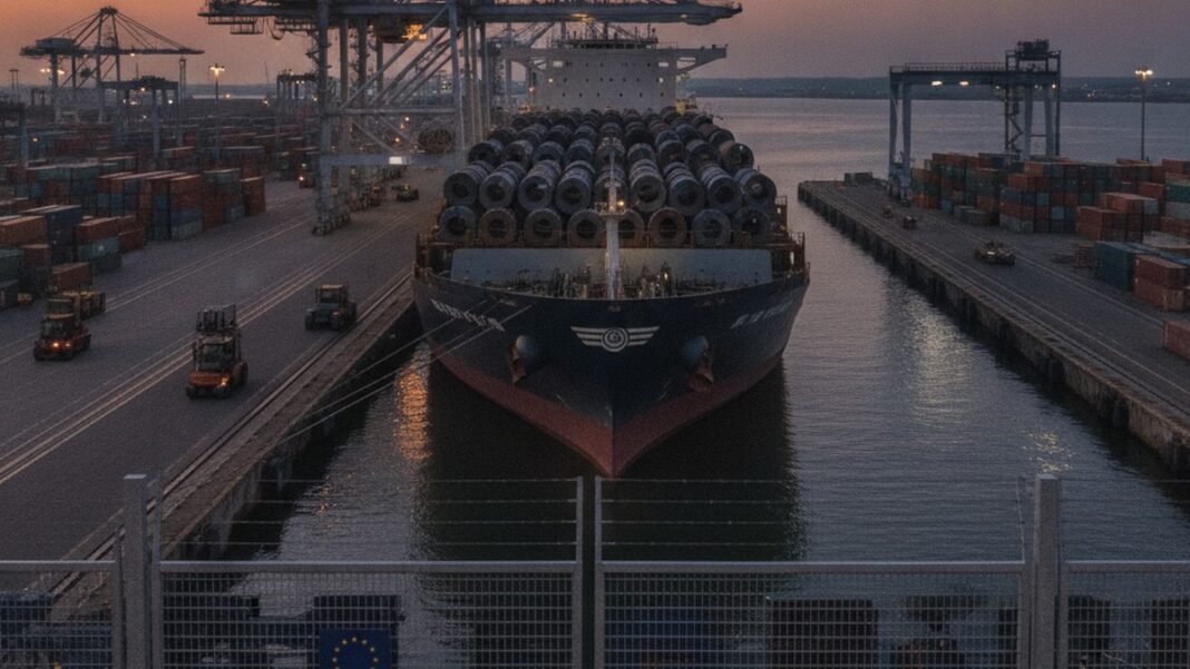 CBAM Isn’t a Carbon Tax on Trade. It’s Becoming a Licence to Trade, and Most Exporters Don’t Have One Yet Cargo ship loaded with steel coils at a European port at dusk, symbolising EU carbon border trade regulation
