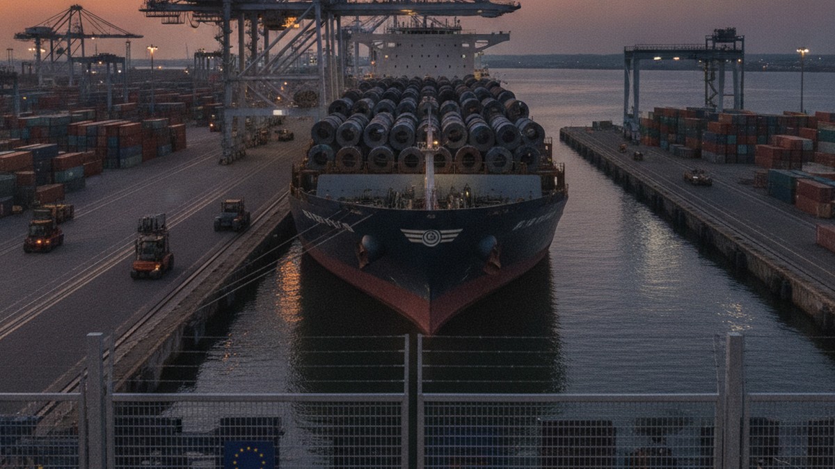Cargo ship loaded with steel coils at a European port at dusk, symbolising EU carbon border trade regulation