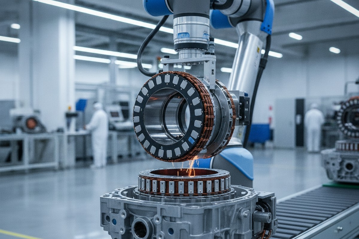 Robotic arm installing a rare earth permanent magnet rotor into an EV drive motor on a factory line