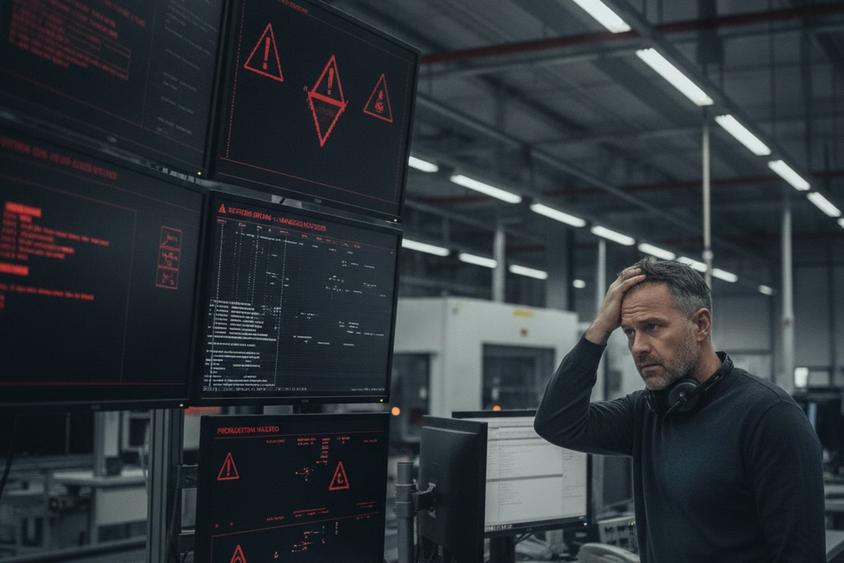 An engineer in a factory control room watches production line monitors showing alert warnings during a cyberattack-driven shutdown.