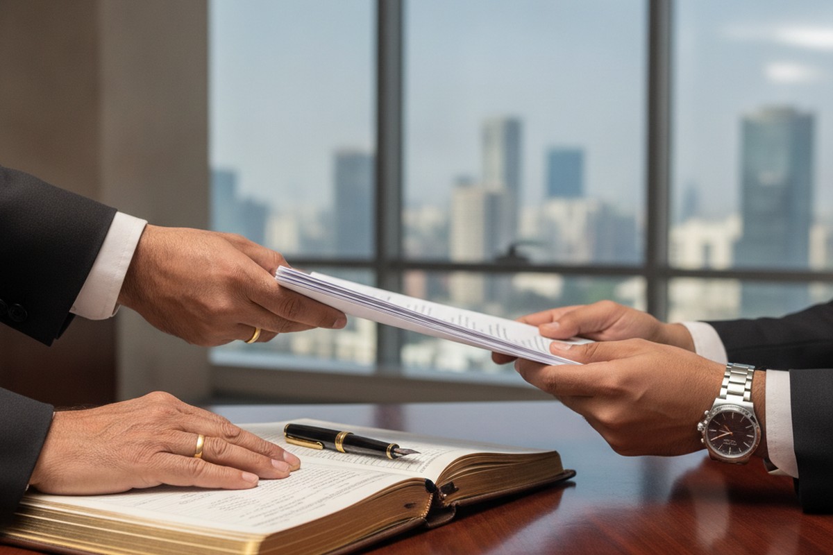 An older and younger executive's hands resting on a company ledger and pen during a leadership handover, Mumbai skyline in the background