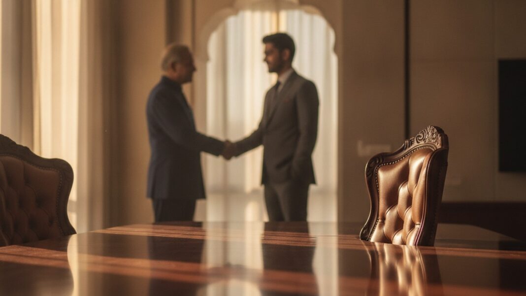 The Handover Nobody Is Pricing: Why Family Business Succession Has Become India’s Biggest Unpriced Risk An empty executive chair at the head of a boardroom table symbolising a leadership transition inside a family-run Indian business group