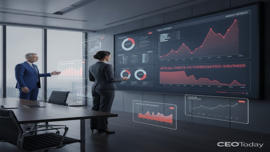 The $100 Billion Cloud Mirage: Why Your Cost Savings Disappeared CFO reviewing cloud infrastructure costs and waste metrics on dashboard
