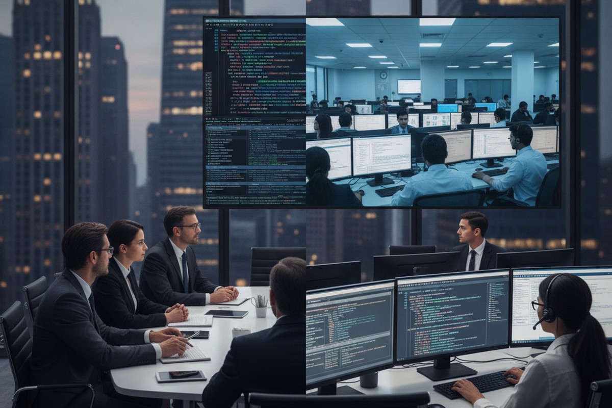 Split view of a Western headquarters boardroom video-conferencing with an India-based technology operations center, illustrating the authority gap between global capability centers and headquarters