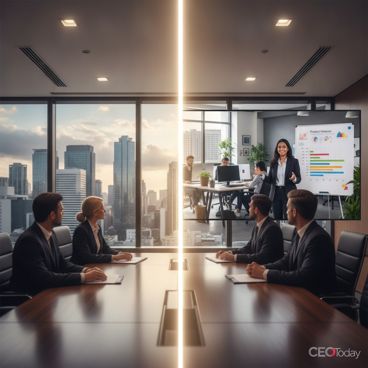 A global headquarters boardroom connects by video call with an India Global Capability Centre presenting a product roadmap