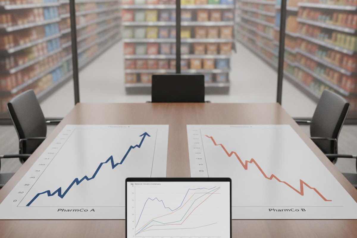 A boardroom table shows diverging stock charts for two rival obesity-drug makers, with a supermarket aisle of protein and portion-controlled snacks visible through the window