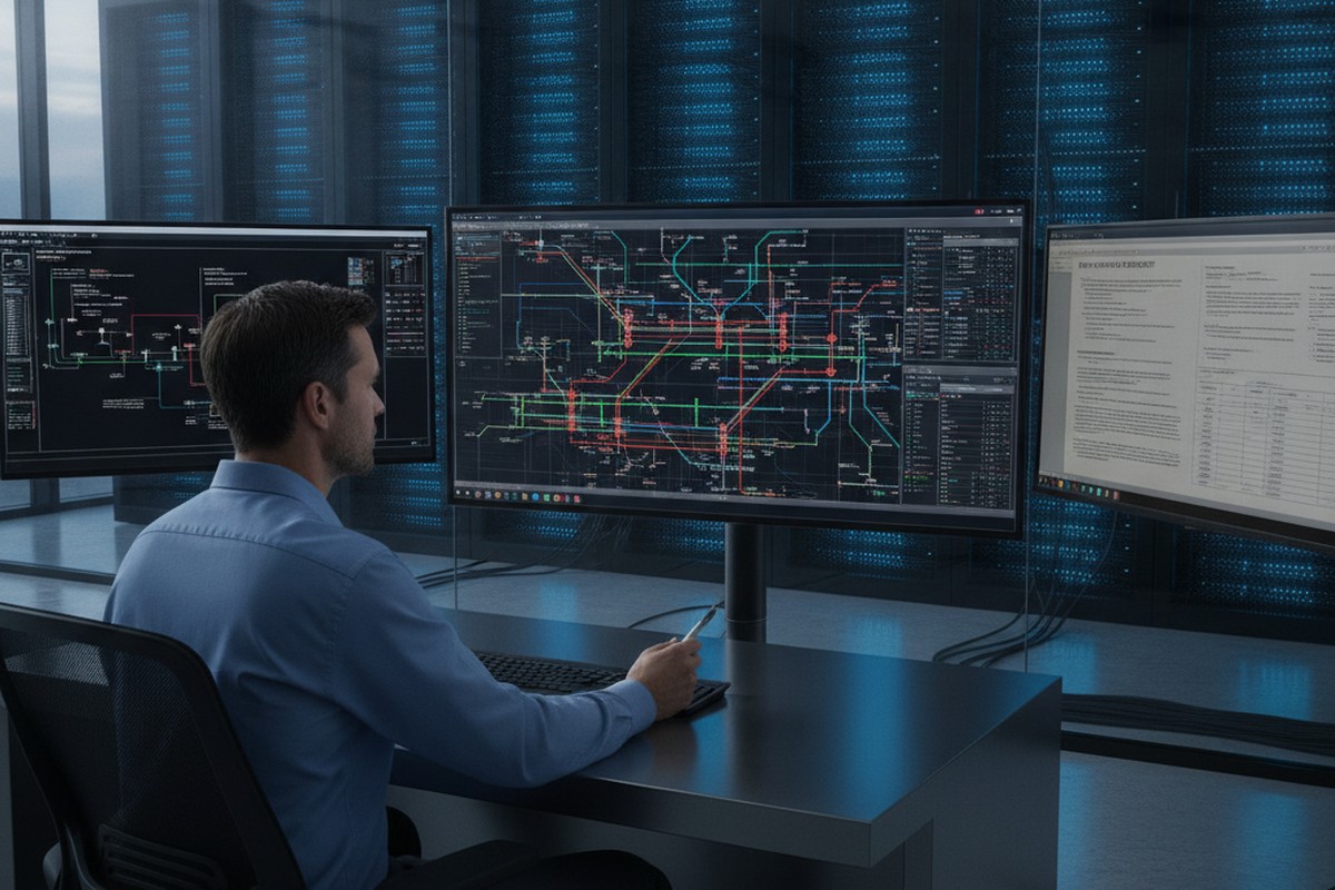 Engineer reviewing power grid interconnection and power purchase agreement data near data center server racks