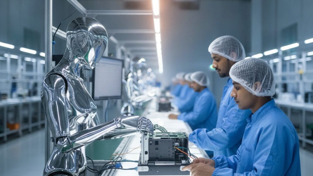 India’s Cheapest Labour Is Now Training the Robots That Could Replace It Humanoid robot working alongside human workers on an Indian electronics assembly line